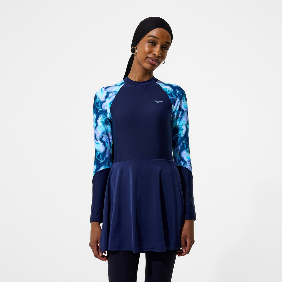 Modern Coverage Printed Long Sleeve Swim Dress Navy | Speedo
