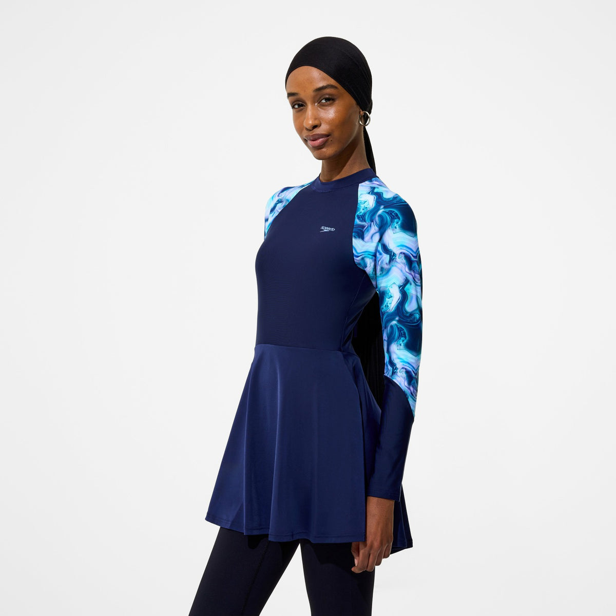 Modern Coverage Printed Long Sleeve Swim Dress Navy | Speedo
