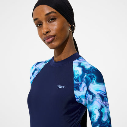 Modern Coverage Printed Long Sleeve Swim Dress Navy | Speedo