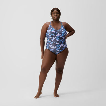 Plus Size Shaping V Neck Swimsuit Grey/Blue | Speedo