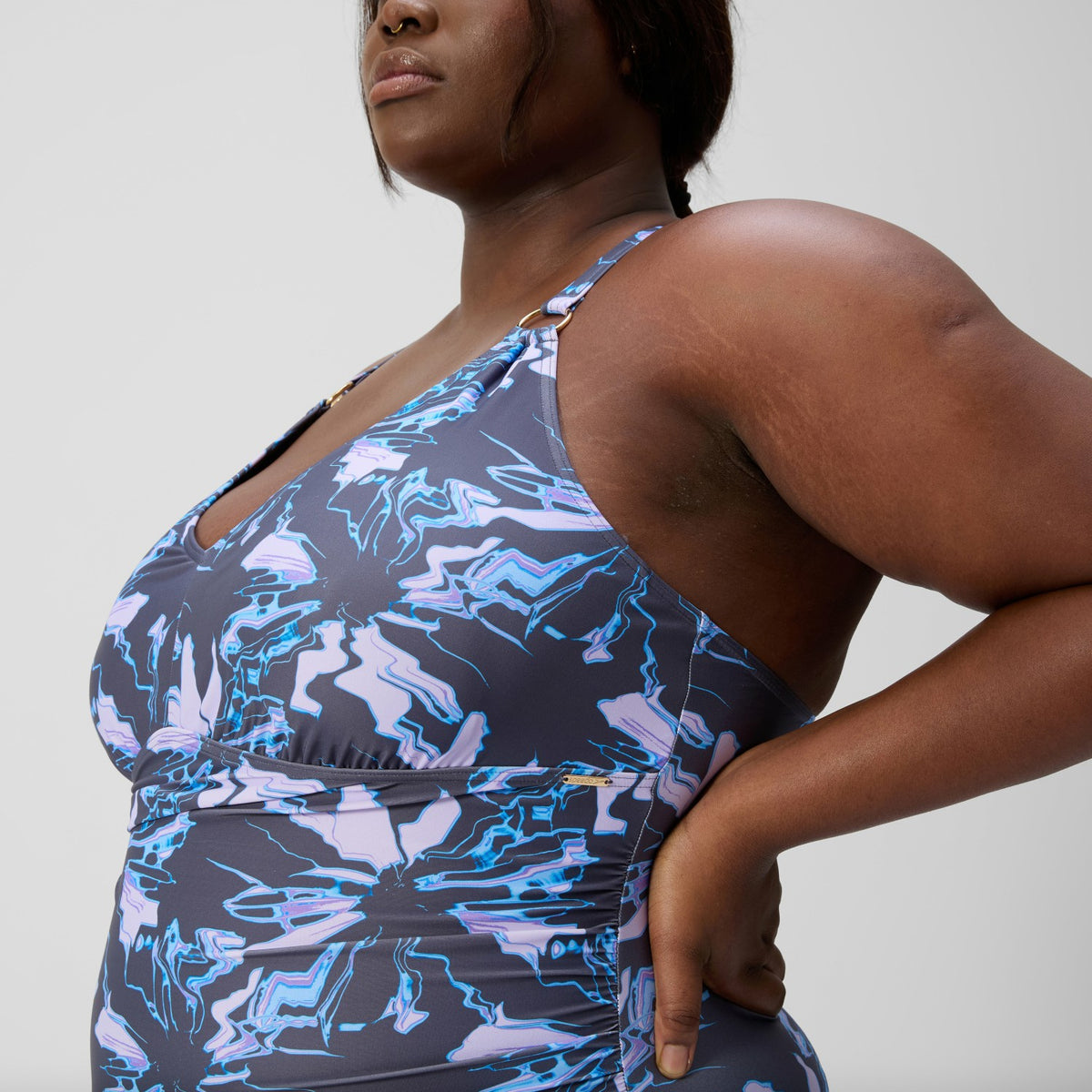 Plus Size Shaping V Neck Swimsuit Grey/Blue | Speedo
