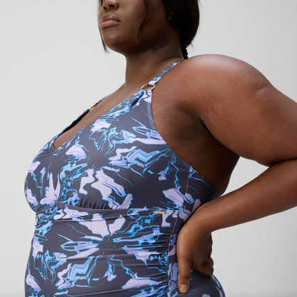 Plus Size Shaping V Neck Swimsuit Grey/Blue | Speedo