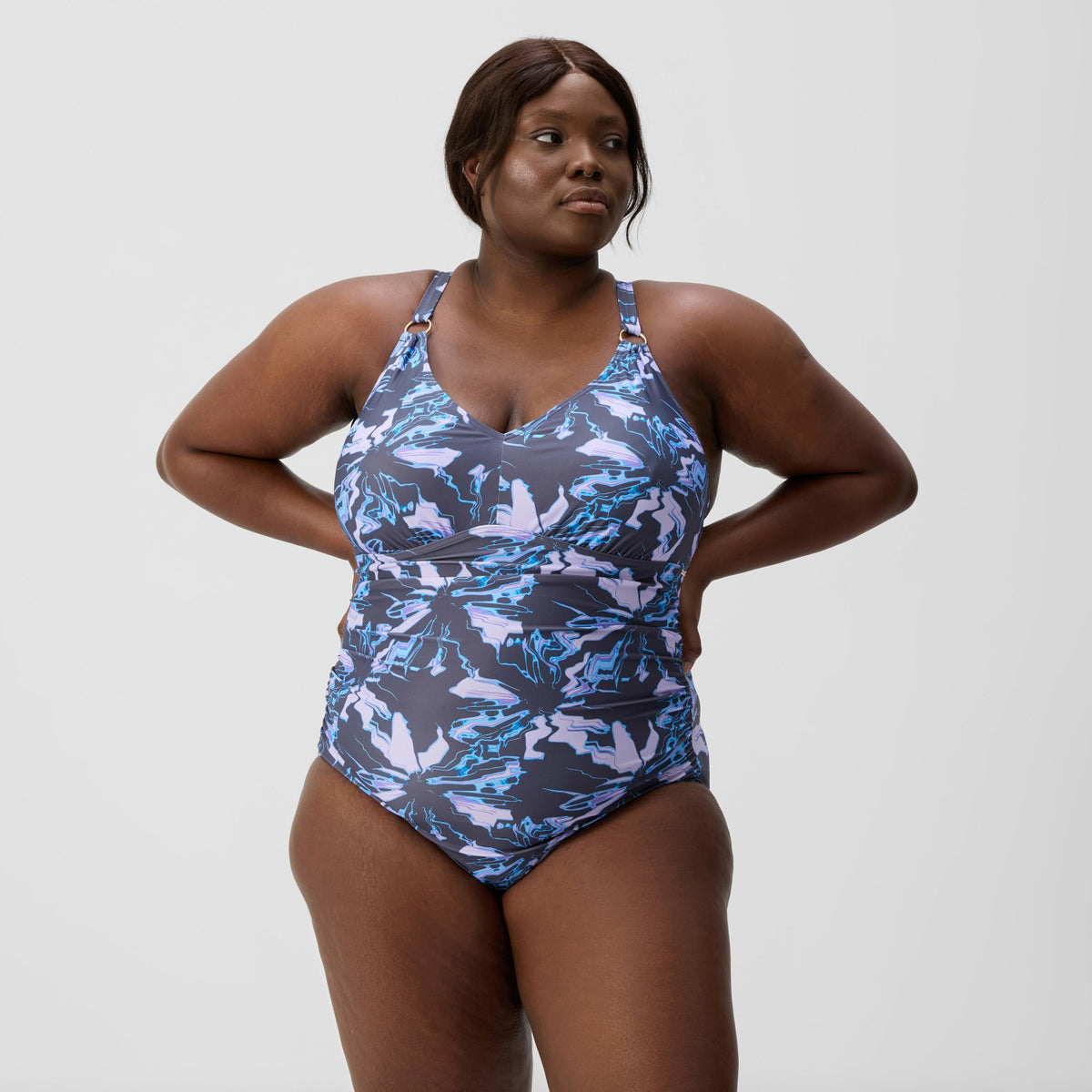 Plus Size Shaping V Neck Swimsuit Grey/Blue | Speedo