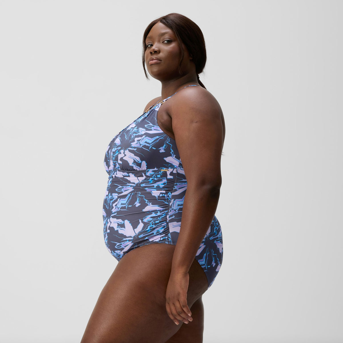 Plus Size Shaping V Neck Swimsuit Grey/Blue | Speedo