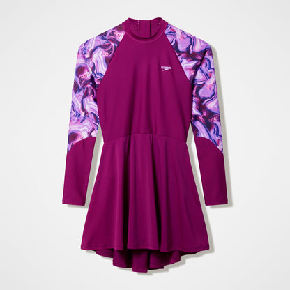 Modern Coverage Printed Long Sleeve Swim Dress Dark Pink | Speedo