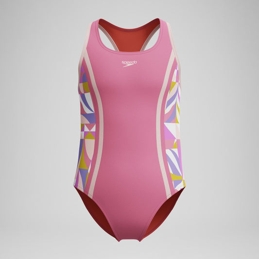 Girls Printed Spliced Racerback Swimsuit Pink | Speedo