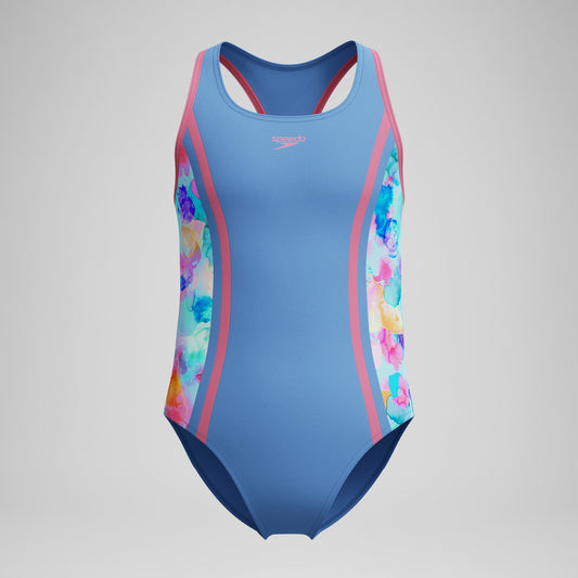 Girls Printed Spliced Racerback Swimsuit Blue | Speedo