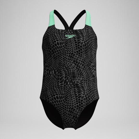 Girls Allover Powerback Swimsuit Black/Green | Speedo