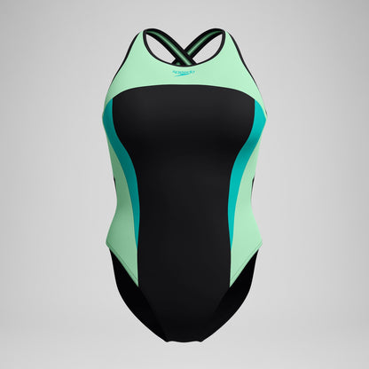 High Neck Splice Cross Back Swimsuit Black/Turquoise | Speedo