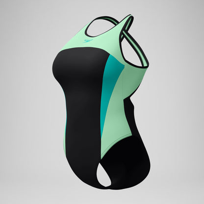 High Neck Splice Cross Back Swimsuit Black/Turquoise | Speedo