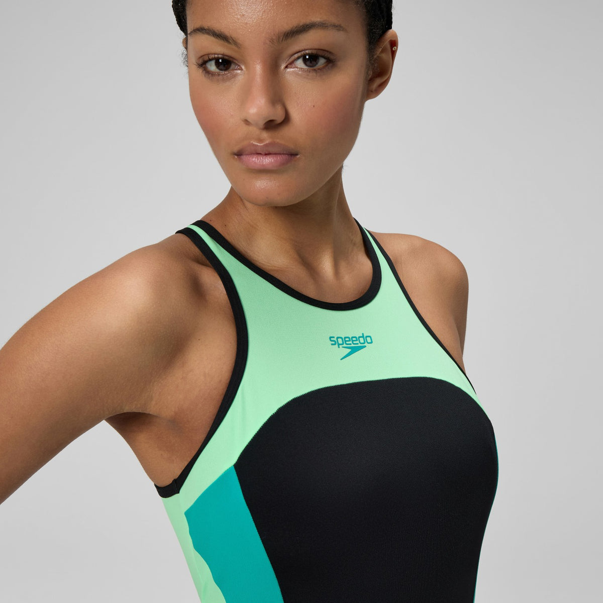 High Neck Splice Cross Back Swimsuit Black/Turquoise | Speedo
